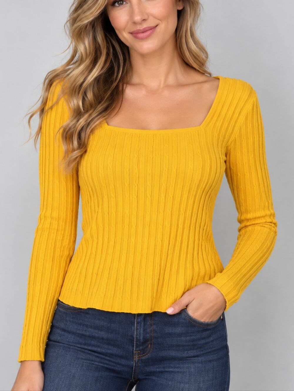 𝅺LOVE Canary Yellow Square Neck Long Sleeve Blouse